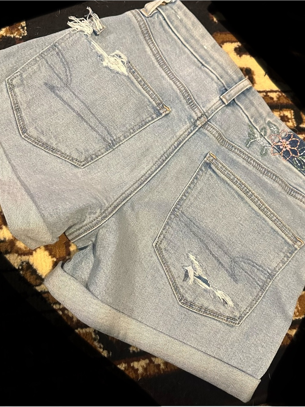 American Eagle Outfitters Light Blue Embroidered Denim Roll-Hem Shorts